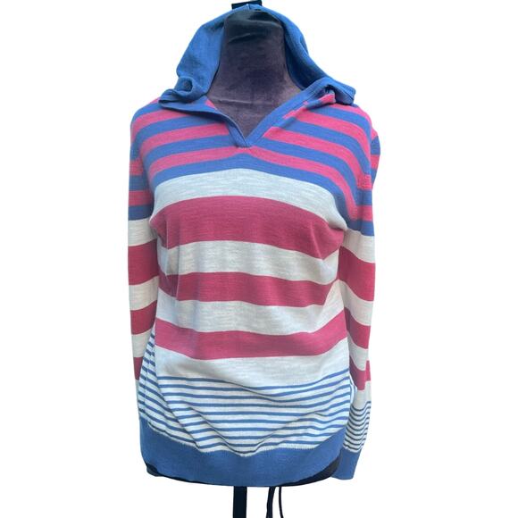 Chaps Denim Knit Lightweight Striped Hoodie Blue Red Ivory V-Neck Nautical Sz L - Picture 2 of 4
